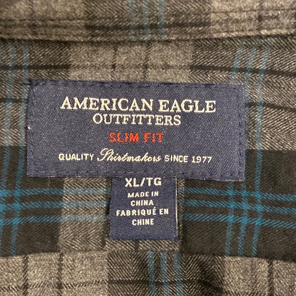American Eagle Mens XL Slim fit gray, black and teal flannel - Picture 2 of 8
